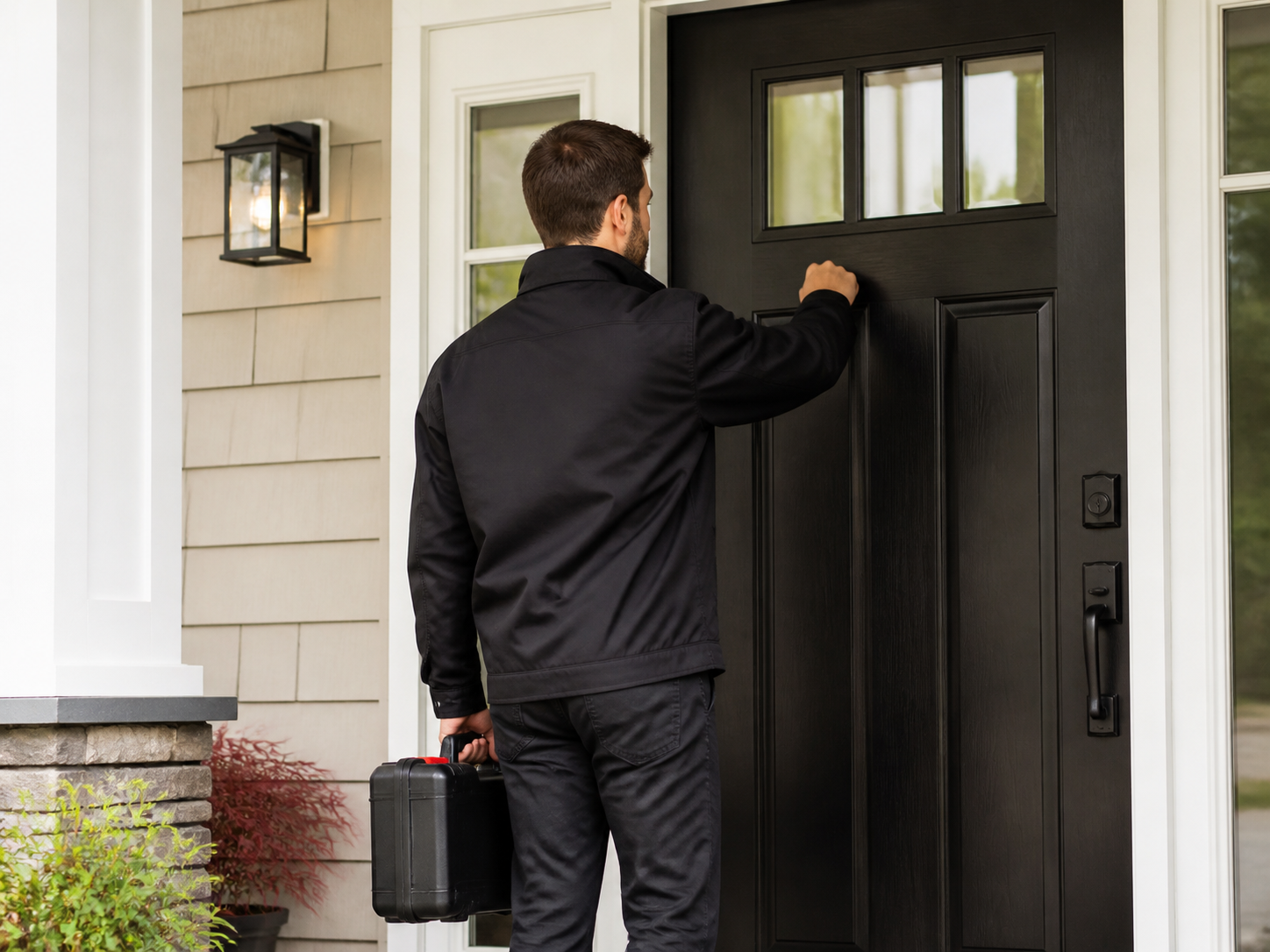 A pest-prevention technician knocking at a residential front door