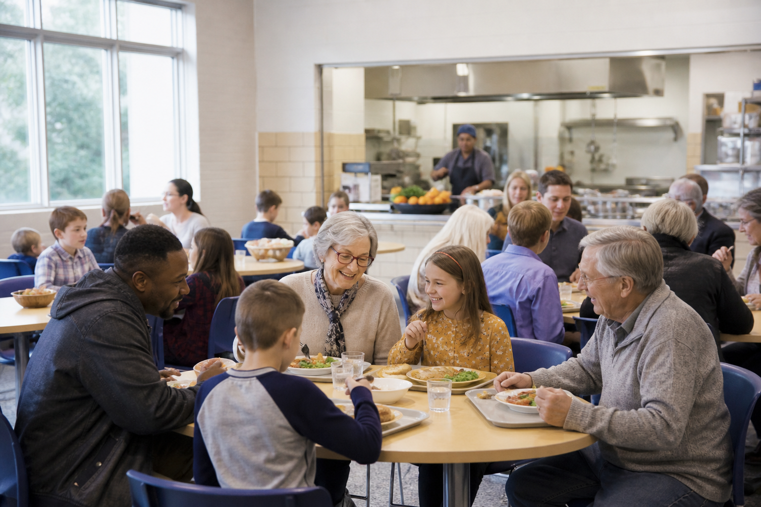 Community cafeteria with visible kitchen