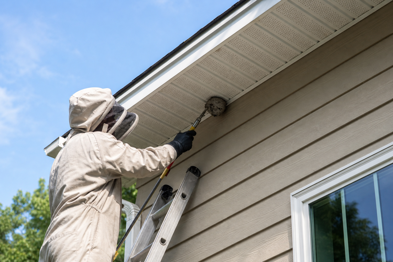 A pest-control professional safely removing a wasp nest